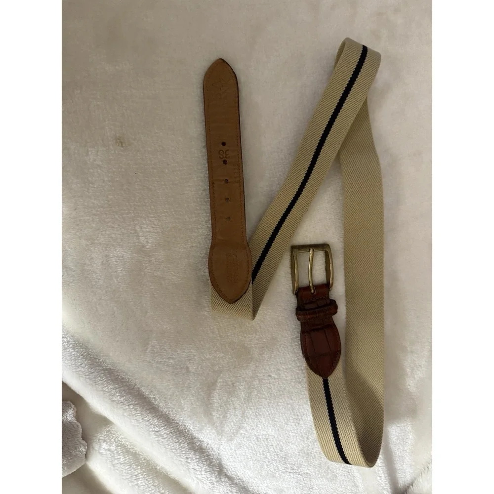 Jos A Bank Belt Mens 38 Beige W/ Black Stripe Leather Canvas Casual Belt